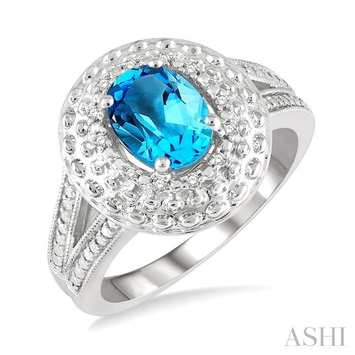 8x6 MM Oval Cut Blue Topaz and 1/20 Ctw Center Mount Round Cut Diamond Semi-Precious Ring in Sterling Silver