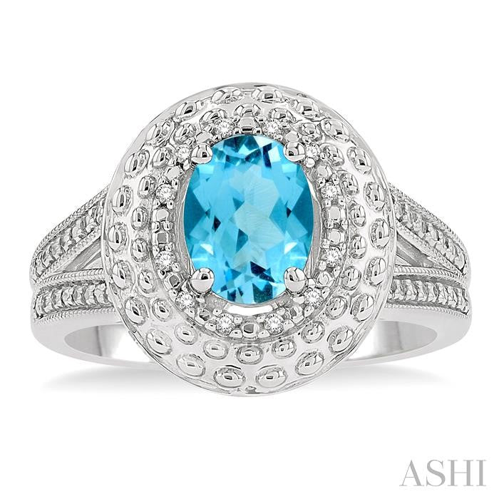 8x6 MM Oval Cut Blue Topaz and 1/20 Ctw Center Mount Round Cut Diamond Semi-Precious Ring in Sterling Silver