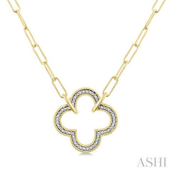 1/10 Ctw Clover Frame Round Cut Diamond Fashion Pendant With Paperclip Chain in Yellow Gold Vermeil