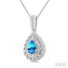 7X5 MM Pear Cut Blue Topaz and 1/20 Ctw Round Cut Diamond Semi-Precious Pendant With Chain in Sterling Silver