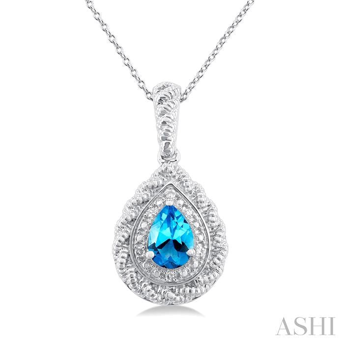 7X5 MM Pear Cut Blue Topaz and 1/20 Ctw Round Cut Diamond Semi-Precious Pendant With Chain in Sterling Silver