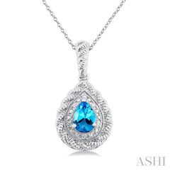 7X5 MM Pear Cut Blue Topaz and 1/20 Ctw Round Cut Diamond Semi-Precious Pendant With Chain in Sterling Silver