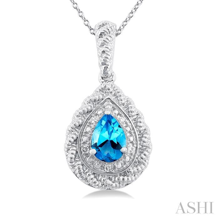 7X5 MM Pear Cut Blue Topaz and 1/20 Ctw Round Cut Diamond Semi-Precious Pendant With Chain in Sterling Silver