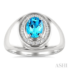 8X6 MM Oval Shape Blue Topaz and 1/20 Ctw Round Cut Diamond Semi-Precious Ring in Sterling Silver
