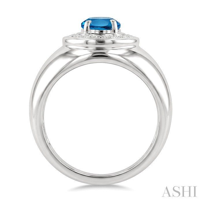 8X6 MM Oval Shape Blue Topaz and 1/20 Ctw Round Cut Diamond Semi-Precious Ring in Sterling Silver