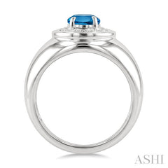 8X6 MM Oval Shape Blue Topaz and 1/20 Ctw Round Cut Diamond Semi-Precious Ring in Sterling Silver