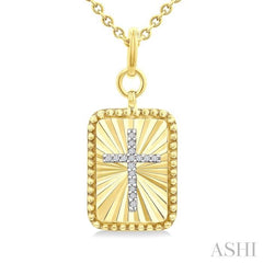 1/20 Ctw Latin Cross Round Cut Diamond Rectangular Fluted Medallion Pendant With Chain in Yellow Gold Vermeil