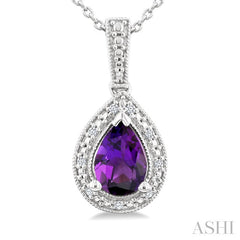 7X5 MM Pear Shape Amethyst and 1/50 Ctw Round Cut Diamond Semi-precious Pendant With Chain in Sterling Silver