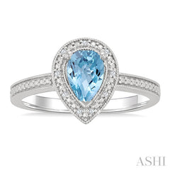 7X5 MM Pear Shape Aquamarine and 1/50 Ctw Round Cut Diamond Semi-Precious Ring in Sterling Silver