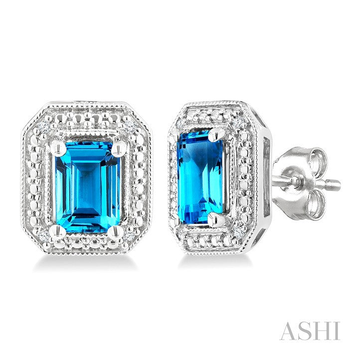 6X4 MM Octagon Shape Blue Topaz and 1/50 Ctw Round Cut Diamond Semi-Precious Earrings in Sterling Silver