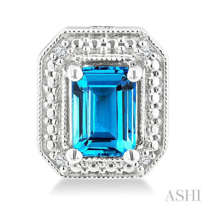 6X4 MM Octagon Shape Blue Topaz and 1/50 Ctw Round Cut Diamond Semi-Precious Earrings in Sterling Silver
