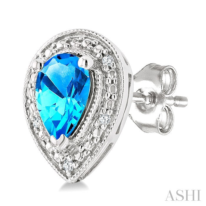 6X4 MM Pear Shape Blue Topaz and 1/50 Ctw Round Cut Diamond Semi-Precious Earrings in Sterling Silver
