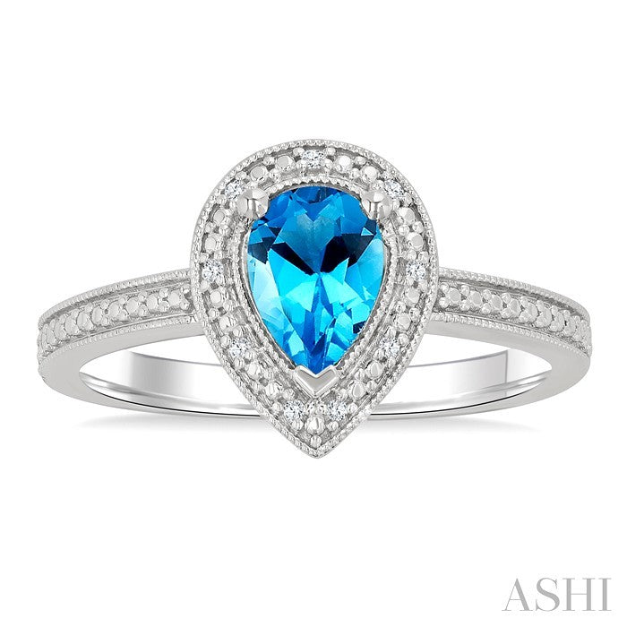 7x5 MM Pear Shape Blue Topaz and 1/50 Ctw Round Cut Diamond Semi-precious Ring in Sterling Silver