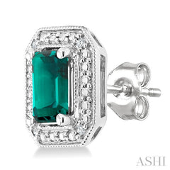 6X4 MM Octagon Shape Lab-Created Emerald and 1/50 Ctw Round Cut Diamond Precious Earring in Sterling Silver 
