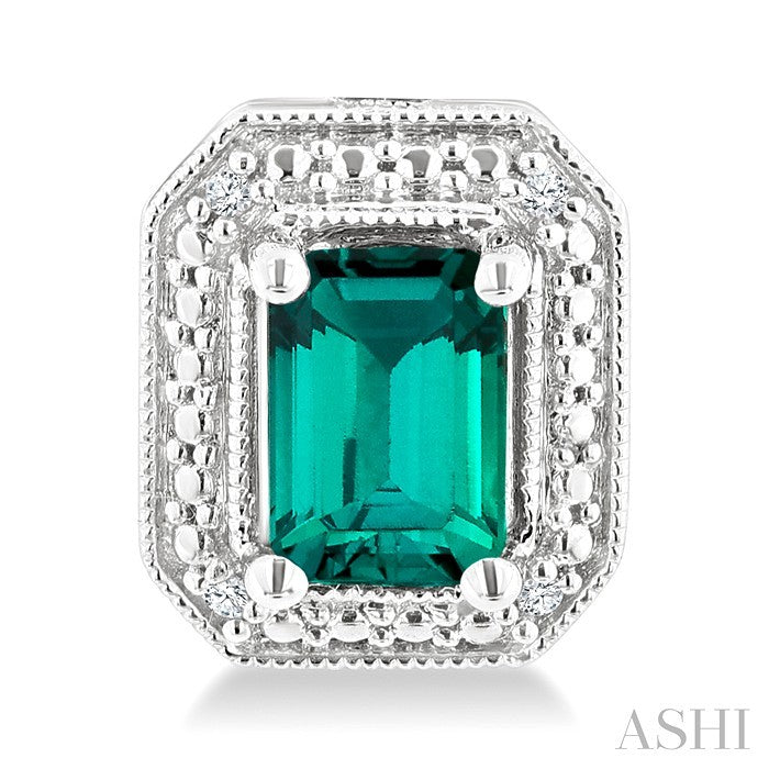 6X4 MM Octagon Shape Lab-Created Emerald and 1/50 Ctw Round Cut Diamond Precious Earring in Sterling Silver 