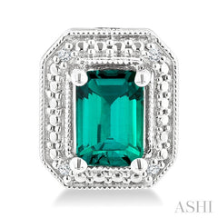 6X4 MM Octagon Shape Lab-Created Emerald and 1/50 Ctw Round Cut Diamond Precious Earring in Sterling Silver 