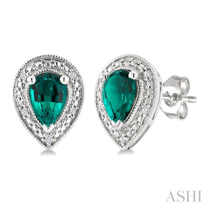 6X4 MM Pear Shape Lab-Created Emerald and 1/50 Ctw Round Cut Diamond Precious Earring in Sterling Silver 