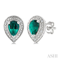 6X4 MM Pear Shape Lab-Created Emerald and 1/50 Ctw Round Cut Diamond Precious Earring in Sterling Silver 