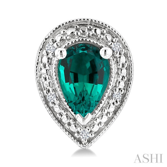 6X4 MM Pear Shape Lab-Created Emerald and 1/50 Ctw Round Cut Diamond Precious Earring in Sterling Silver 