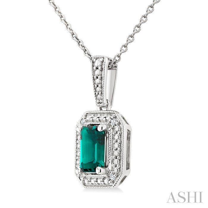 7X5 MM Octagon Shape Lab-Created Emerald and 1/50 Ctw Round Cut Diamond Precious Pendant With Chain in Sterling Silver 