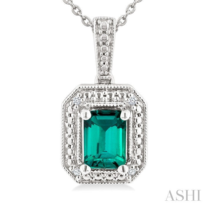 7X5 MM Octagon Shape Lab-Created Emerald and 1/50 Ctw Round Cut Diamond Precious Pendant With Chain in Sterling Silver 