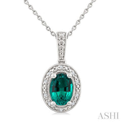 7X5 MM Oval Shape Lab-Created Emerald and 1/50 Ctw Round Cut Diamond Precious Pendant With Chain in Sterling Silver 