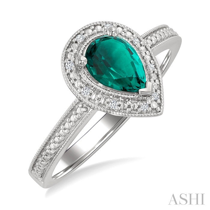 7X5 MM Pear Shape Lab-Created Emerald and 1/50 Ctw Round Cut Diamond Precious Ring in Sterling Silver 