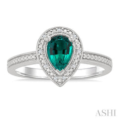 7X5 MM Pear Shape Lab-Created Emerald and 1/50 Ctw Round Cut Diamond Precious Ring in Sterling Silver 