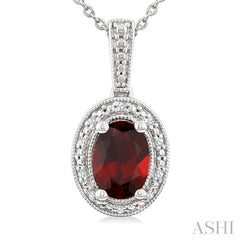 7X5 MM Oval Shape Garnet and 1/50 Ctw Round Cut Diamond Semi-Precious Pendant With Chain in Sterling Silver