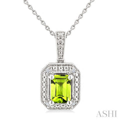 7X5 MM Octagon Shape Peridot and 1/50 Ctw Round Cut Diamond Semi-Precious Pendant With Chain in Sterling Silver
