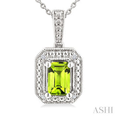 7X5 MM Octagon Shape Peridot and 1/50 Ctw Round Cut Diamond Semi-Precious Pendant With Chain in Sterling Silver
