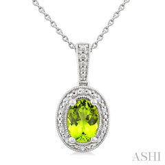 7X5 MM Oval Shape Peridot and 1/50 Ctw Round Cut Diamond Semi-Precious Pendant With Chain in Sterling Silver