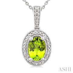 7X5 MM Oval Shape Peridot and 1/50 Ctw Round Cut Diamond Semi-Precious Pendant With Chain in Sterling Silver