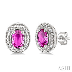 6X4 MM Oval Shape Lab-Created Pink Sapphire and 1/50 Ctw Round Cut Diamond Precious Earrings in Sterling Silver 