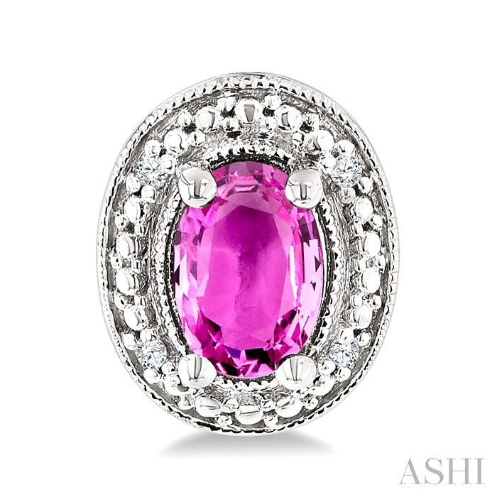 6X4 MM Oval Shape Lab-Created Pink Sapphire and 1/50 Ctw Round Cut Diamond Precious Earrings in Sterling Silver 