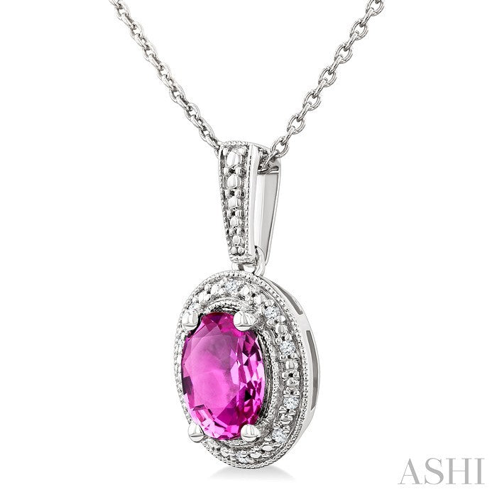 7X5 MM Oval Shape Lab-Created Pink Sapphire and 1/50 Ctw Round Cut Diamond Precious Pendant With Chain in Sterling Silver 