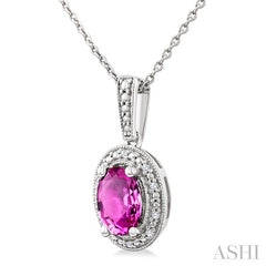 7X5 MM Oval Shape Lab-Created Pink Sapphire and 1/50 Ctw Round Cut Diamond Precious Pendant With Chain in Sterling Silver 
