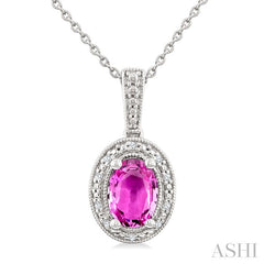 7X5 MM Oval Shape Lab-Created Pink Sapphire and 1/50 Ctw Round Cut Diamond Precious Pendant With Chain in Sterling Silver 