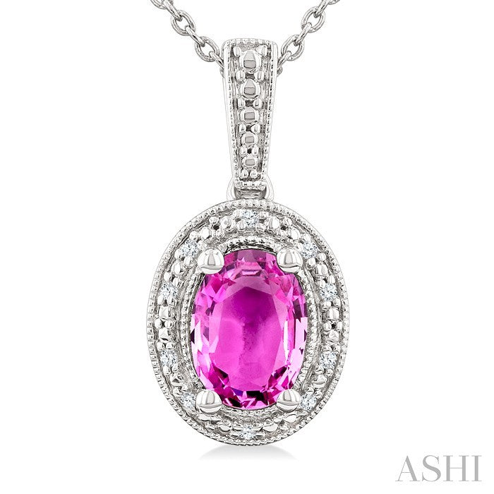 7X5 MM Oval Shape Lab-Created Pink Sapphire and 1/50 Ctw Round Cut Diamond Precious Pendant With Chain in Sterling Silver 