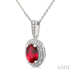 7X5 MM Oval Shape Lab-Created Ruby and 1/50 Ctw Round Cut Diamond Precious Pendant With Chain in Sterling Silver 