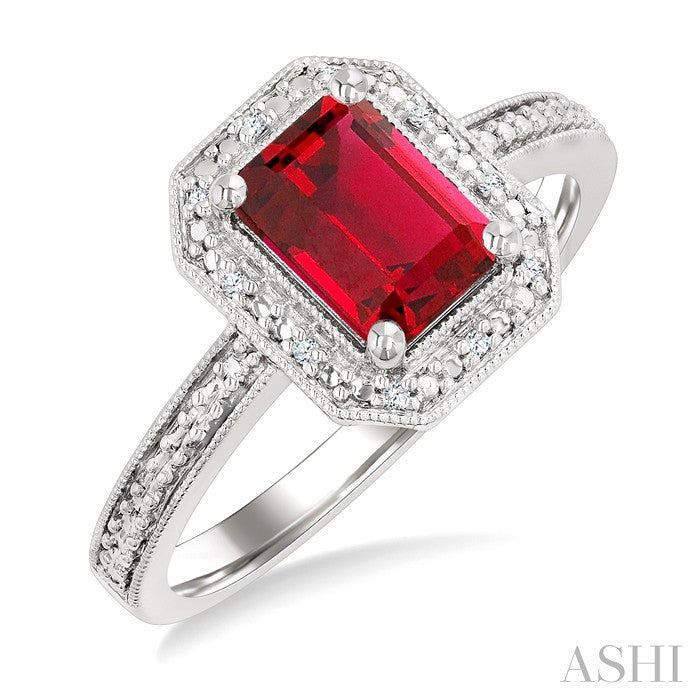 7X5 MM Octagon Shape Lab-Created Ruby and 1/50 Ctw Round Cut Diamond Precious Ring in Sterling Silver 