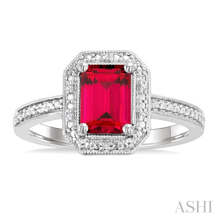 7X5 MM Octagon Shape Lab-Created Ruby and 1/50 Ctw Round Cut Diamond Precious Ring in Sterling Silver 