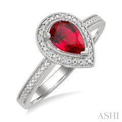 7X5 MM Pear Shape Lab-Created Ruby and 1/50 Ctw Round Cut Diamond Precious Ring in Sterling Silver 