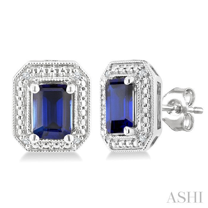 6X4 MM Octagon Shape Lab-Created Sapphire and 1/50 Ctw Round Cut Diamond Precious Earrings in Sterling Silver 
