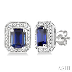 6X4 MM Octagon Shape Lab-Created Sapphire and 1/50 Ctw Round Cut Diamond Precious Earrings in Sterling Silver 