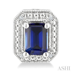 6X4 MM Octagon Shape Lab-Created Sapphire and 1/50 Ctw Round Cut Diamond Precious Earrings in Sterling Silver 