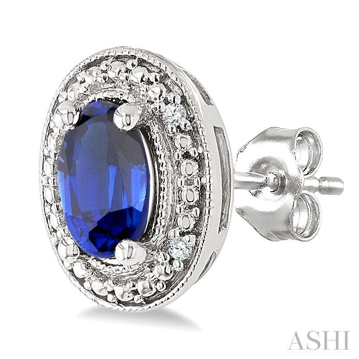 6X4 MM Oval Shape Lab-Created Sapphire and 1/50 Ctw Round Cut Diamond Precious Earrings in Sterling Silver 