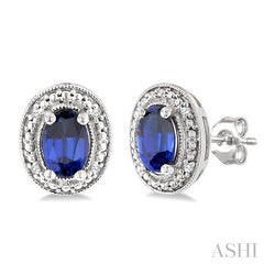 6X4 MM Oval Shape Lab-Created Sapphire and 1/50 Ctw Round Cut Diamond Precious Earrings in Sterling Silver 