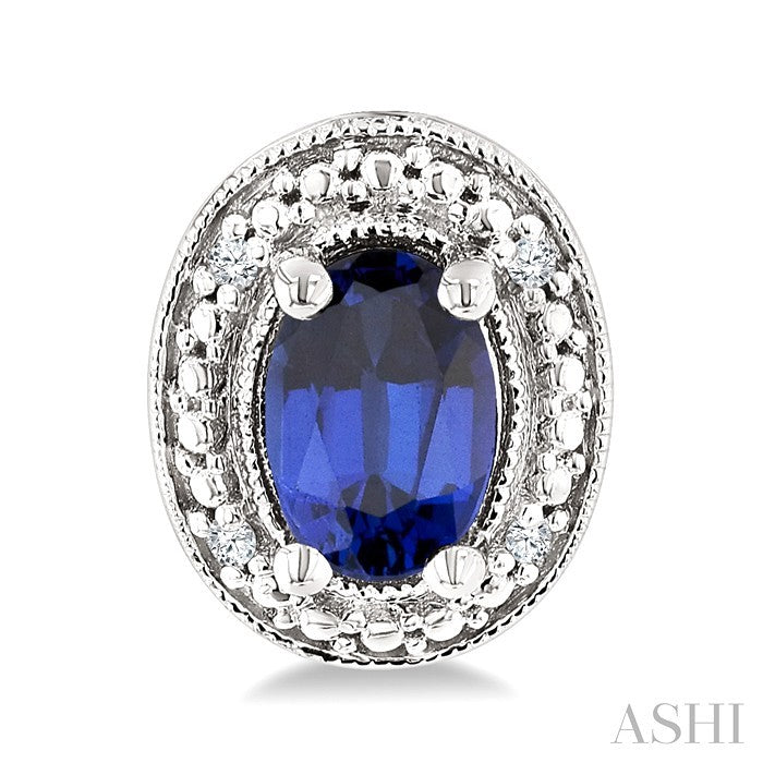 6X4 MM Oval Shape Lab-Created Sapphire and 1/50 Ctw Round Cut Diamond Precious Earrings in Sterling Silver 