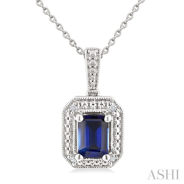 7X5 MM Octagon Shape Lab-Created Sapphire and 1/50 Ctw Round Cut Diamond Precious Pendant With Chain in Sterling Silver 